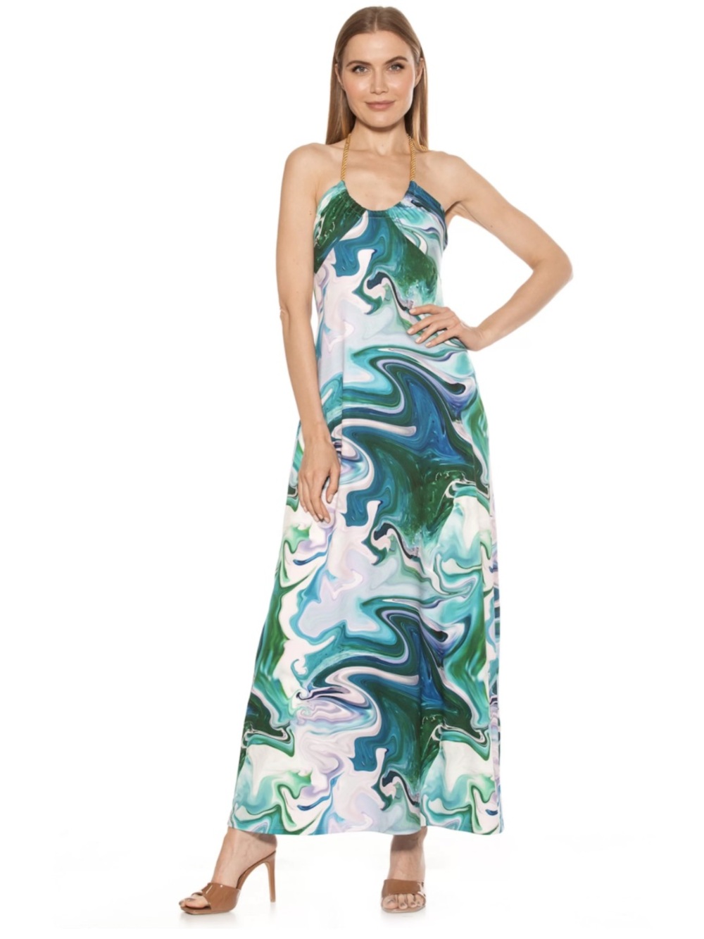 Alexia Admor “Selina” Marble Halter Maxi Dress in Green and Teal Swirl